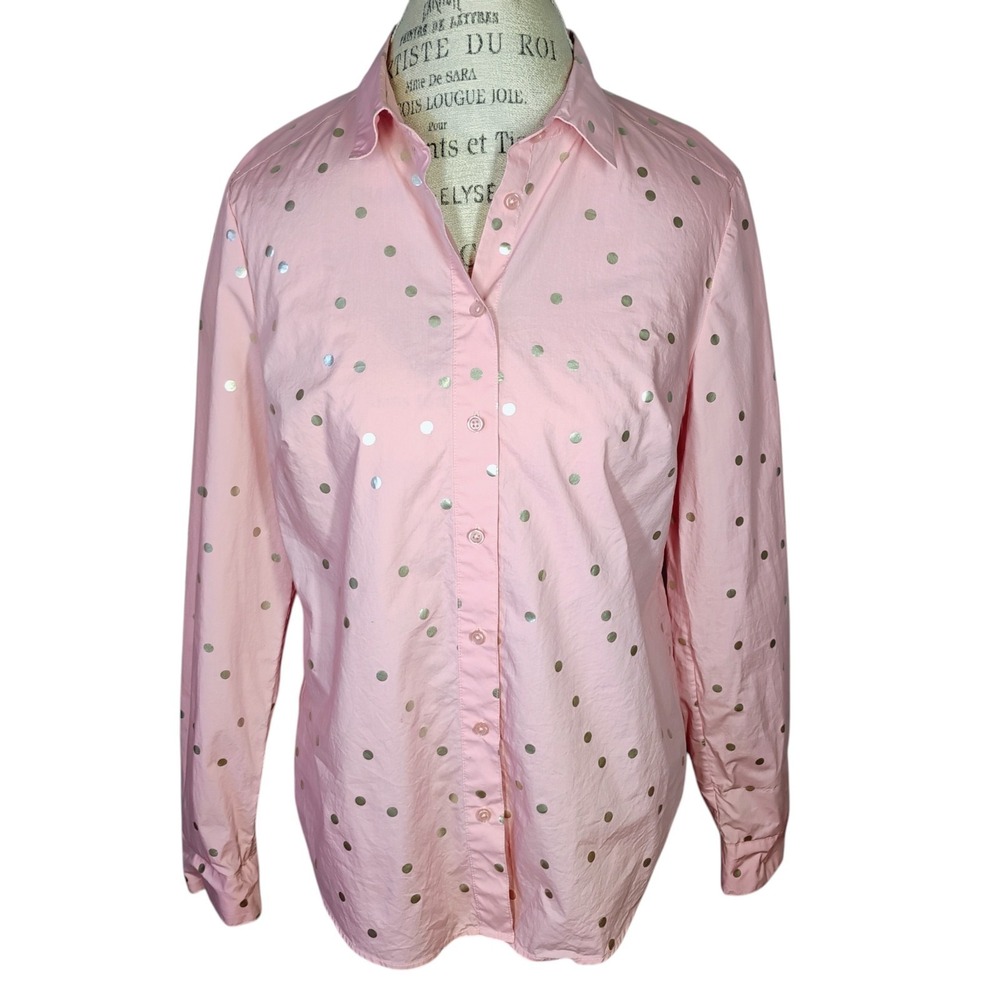 Boden Classic Button Front Shirt Womens 10R Pink Silver Polka Dot Preppy Office